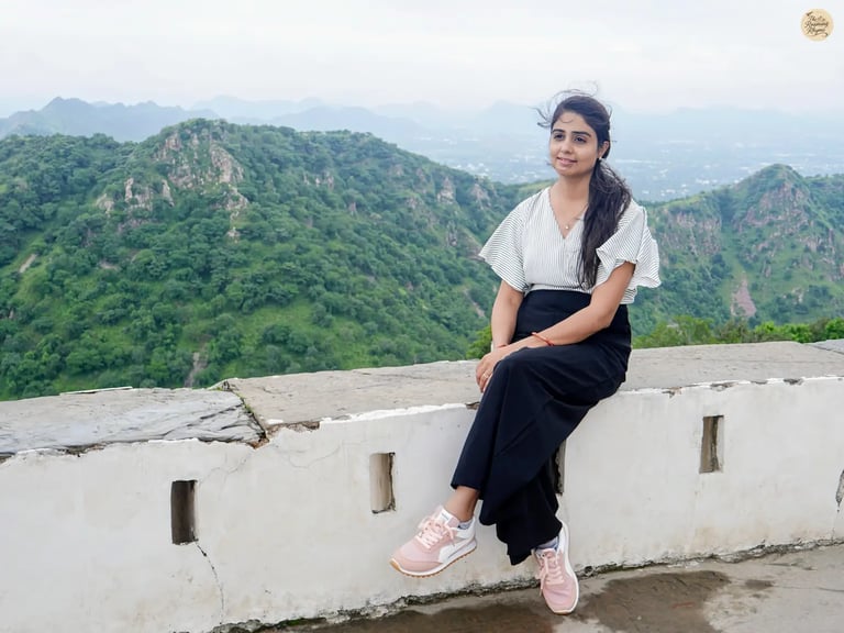 Scenic hill and green valley view from Sajjangarh Fort monsoon palace Udaipur Rajasthan