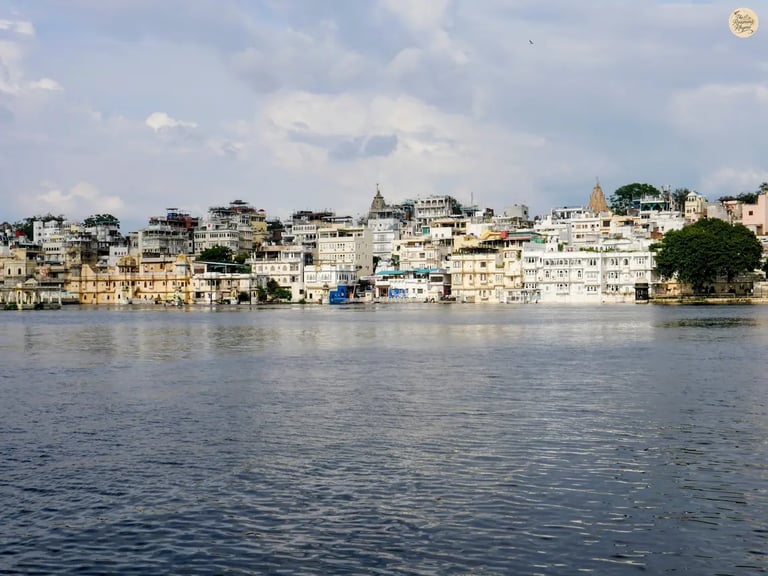 Traditional Udaipur havelis and temples lining the banks of Lake Pichhola, viewed from Ambrai Ghat Udaipur.