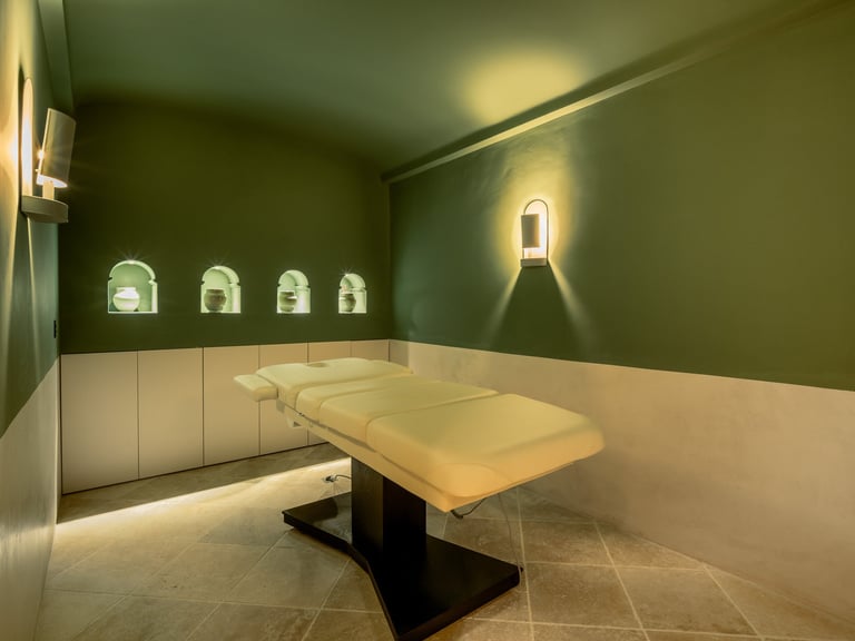 Massage room at Villa La Gratitud’s wellness center, designed for private treatments and relaxation.