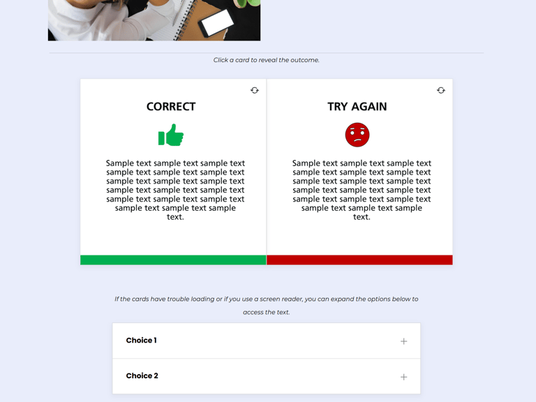 Scenario sample with 2 cards flipped showing feedback.