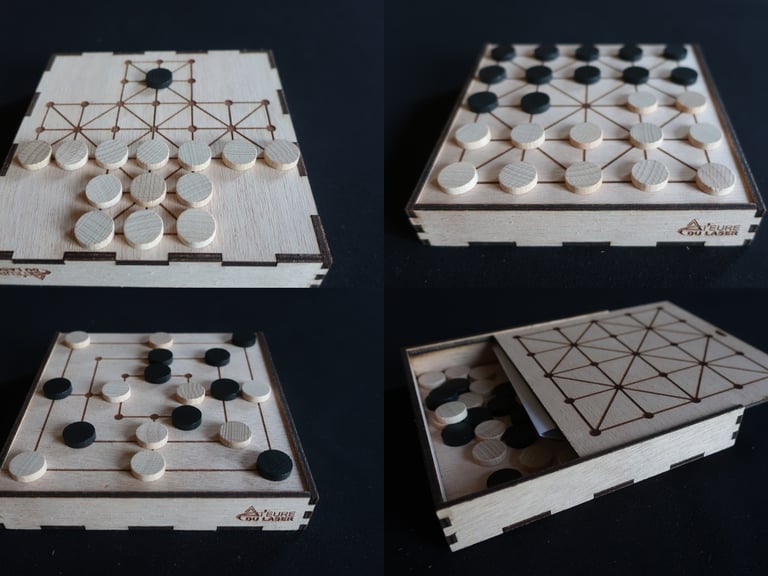 Mallette jeux médiévaux (alquerque, moulin ou merelle, renard et oies) gravée et découpée au laser