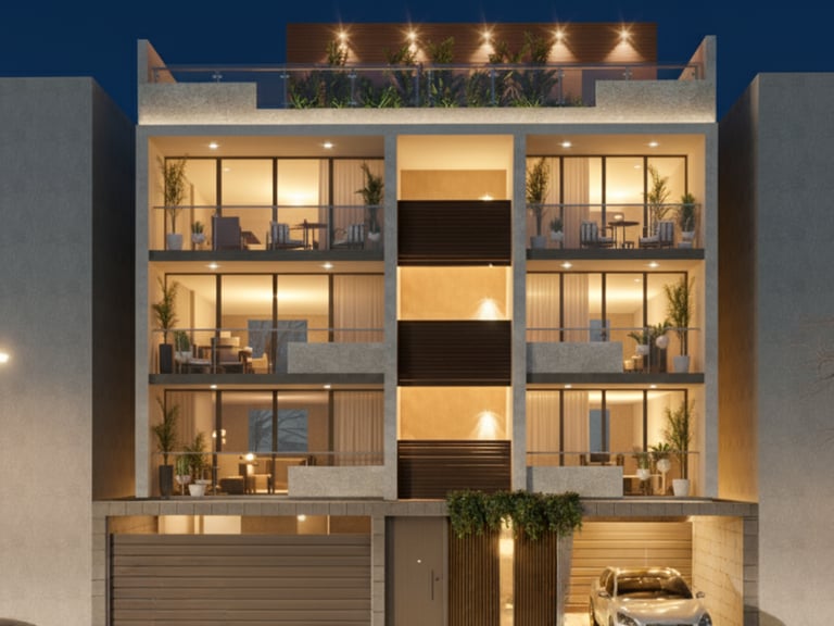 a modern apartment building with a car parked in front of it