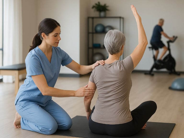 Therapist working with patient in a calm yoga pose, encouraging first appointment