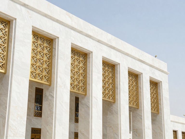 Architectural detail of a modern sovereign court building in Dubai, clean white stone columns, golden geometric patterns, bright clear sky.