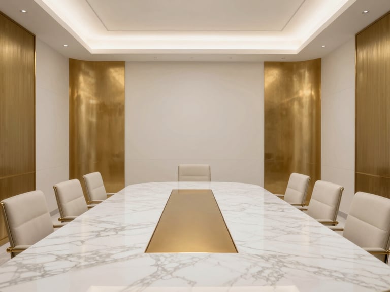 Symmetrical shot of a high-end corporate boardroom in Riyadh, minimalist design, white marble table, soft diffused daylight, warm gold accents.