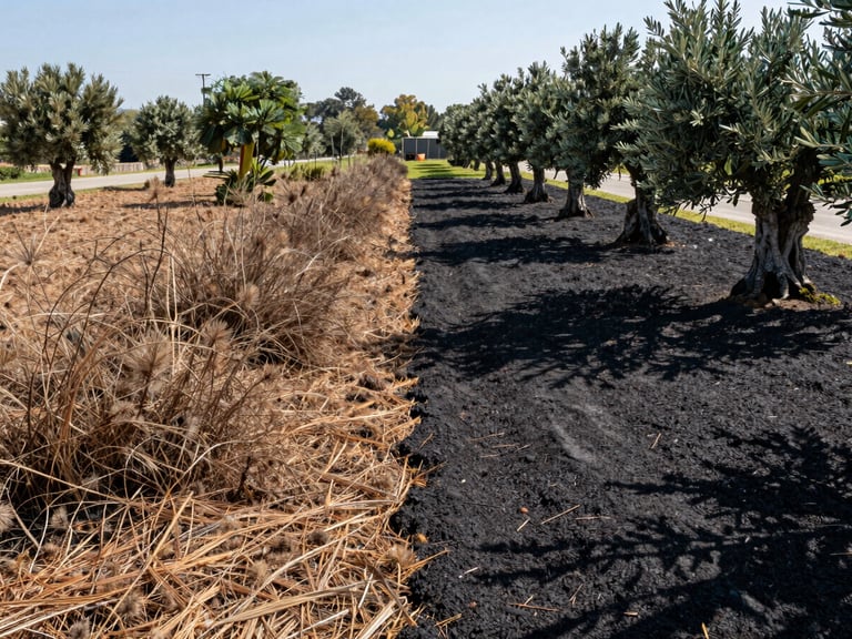 Split-screen high-contrast before-and-after of an Attica plot: left side overgrown dry brush and pine needles; right side perfectly cleared earth, pruned olive trees, and clean fire-safe soil under bright noon sun.