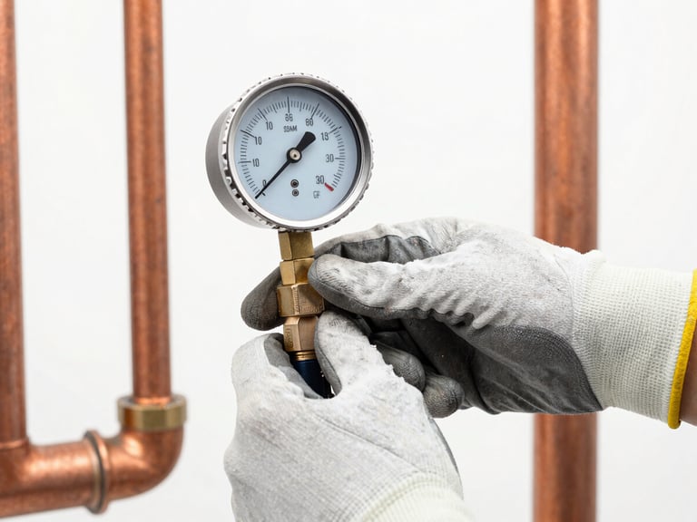 Crisp product photography of hands in work gloves adjusting a digital manifold gauge connected to copper pipes, bright industrial studio lighting, sharp focus, 35mm