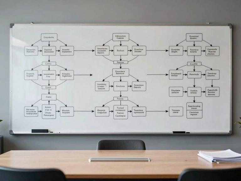 Wide environmental shot of a whiteboard covered in structured process diagrams and flowcharts — clear labels, arrows connecting stages, a tidy conference table in the foreground, cool studio lighting, no people, documents stacked at the edge, workspace fully in order