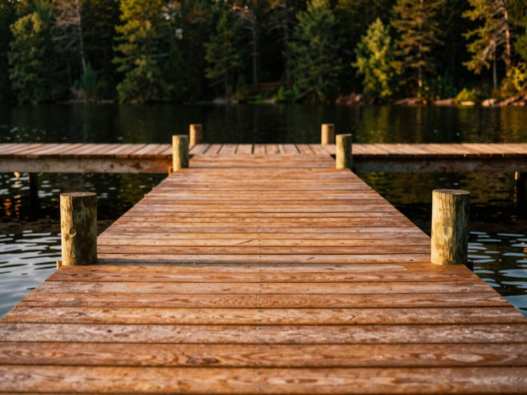 Close-up of a sturdy wooden dock extending into a Muskoka lake, showing precise decking and strong pilings, warm golden hour light, rich copper tones, shallow depth of field, 35mm film style