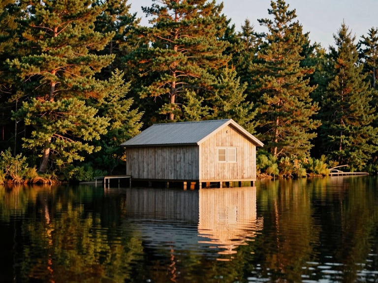 A newly constructed cedar boathouse reflecting on calm Muskoka lake water at golden hour, surrounded by pine trees, shallow depth of field, 35mm film style