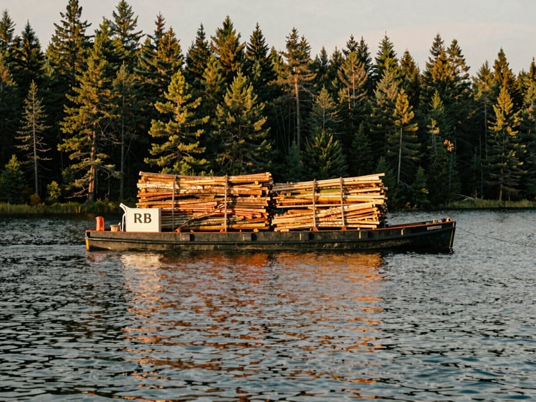 RB Construction's small barge transporting heavy timber materials across a calm Muskoka lake, pine-filtered sun, shallow depth of field, 35mm film style