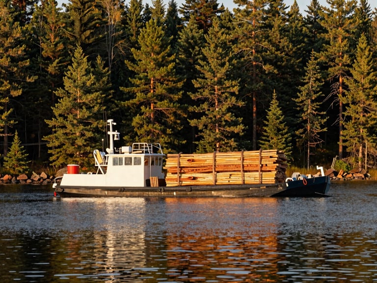 RB Construction's small barge transporting heavy timber and construction materials across a calm Muskoka lake at golden hour, surrounded by pine forests.