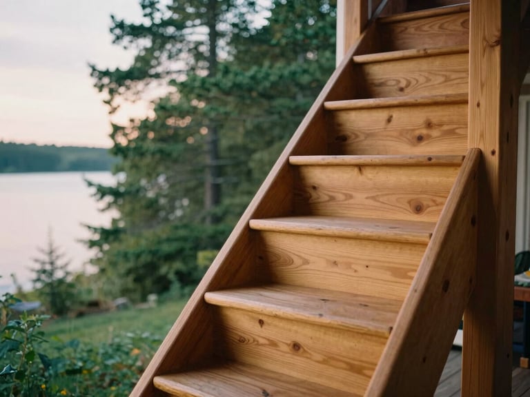 Close-up of a custom-built timber staircase inside a Muskoka cottage, showcasing detailed wood grain and craftsmanship, soft overcast daylight, shallow depth of field, 35mm film style