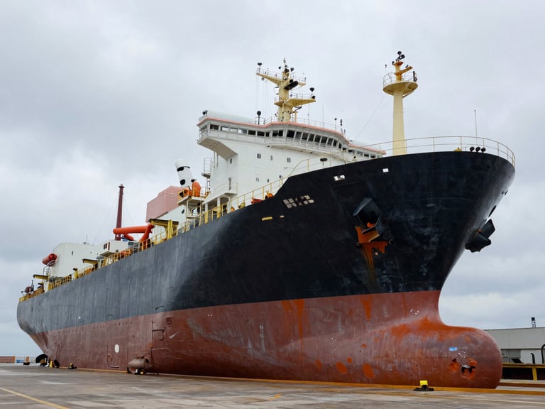 Wide-angle heroic shot of an FPSO hull in drydock, massive steel structure with visible orange anti-corrosive primer coating, overcast maritime sky, high contrast.