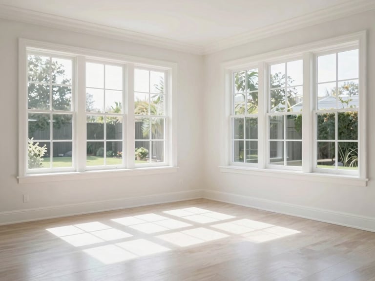 Bright, sunlit living room in a luxury home, perfectly organized, clean surfaces, natural window light.