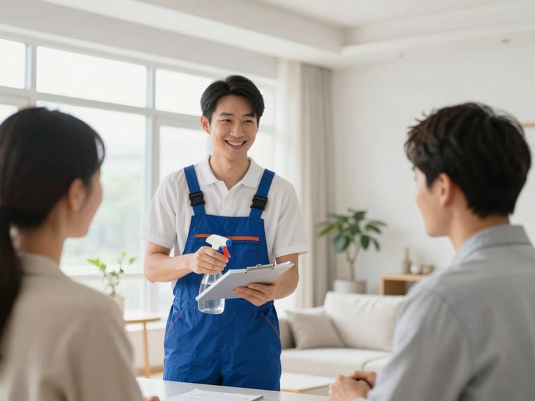 A professional cleaner discussing a cleaning plan with a homeowner in a bright, modern living room, both smiling.