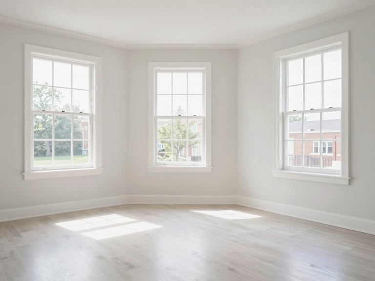 Empty, sunlit room in a luxury home, freshly cleaned, showing clean baseboards and windows, ready for new occupants.