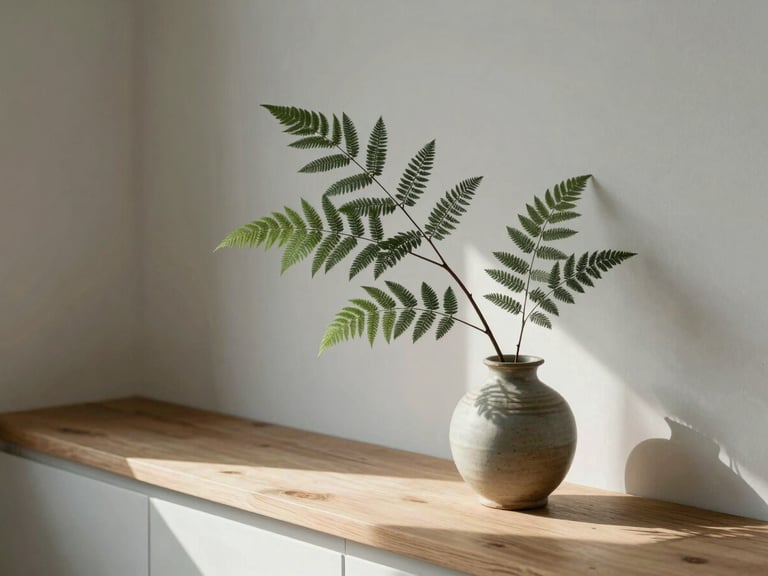 Intimate detail shot of a soft botanical branch in a ceramic vase sitting on a sunlit wooden ledge, quiet shadows.