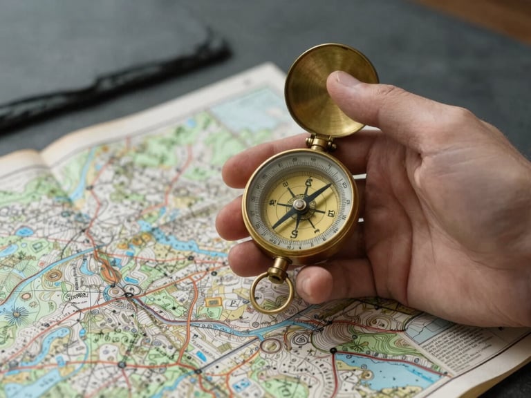 Close-up of a hand holding a vintage brass compass over a weathered topographic map, natural soft overcast light, dark slate stone background