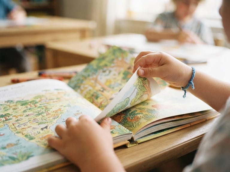 Close-up of a child's hands turning the page of a brightly illustrated textbook, soft natural morning light, warm pastel tones, 35mm