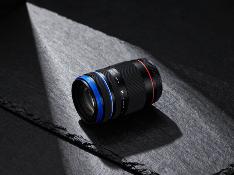 High-contrast studio shot of physical brand mockups on a dark slate table, sharp geometric shadows, cool-toned charcoal and electric blue accents, 35mm lens