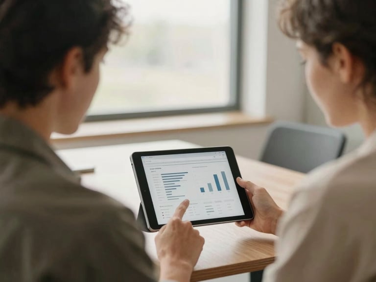 Close up of a professional presenting data on a tablet to two colleagues in a modern, well-lit office, authentic animal interactions, warm editorial photography, soft natural window light, muted earth tones, shallow depth of field, 35mm film look