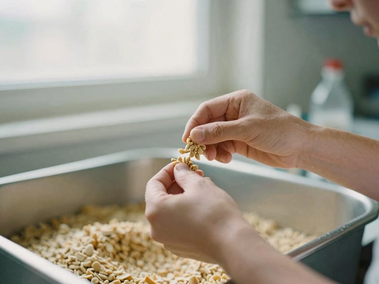 Medium-close up of hands in a pet food formulation lab, meticulously weighing ingredients under soft natural window light, shallow depth of field, 35mm film look
