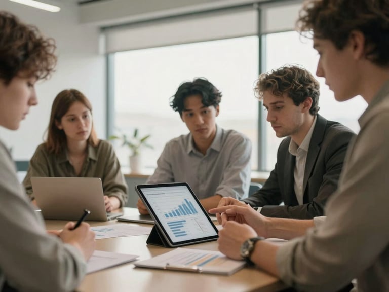 Professional meeting with founders reviewing financial projections on a tablet, collaborative atmosphere, modern office, shallow depth of field, warm editorial photography, soft natural window light, muted earth tones, 35mm film look.