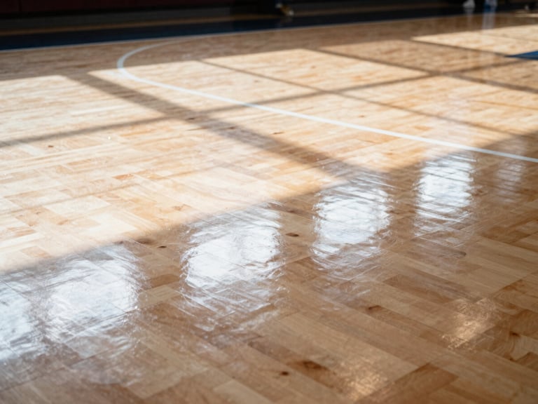 Dynamic low angle shot of pristine basketball court floor with crisp sunlight reflecting off polished maple wood, 35mm lens.