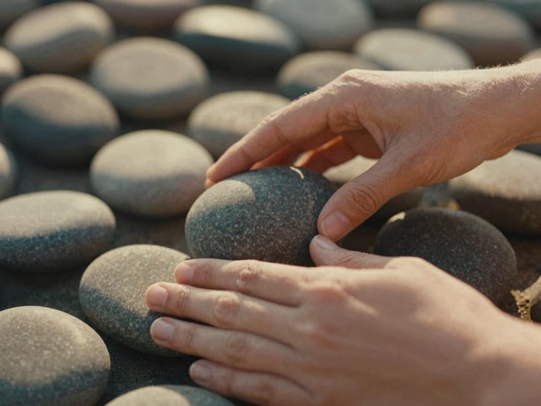 Close-up of hands gently massaging, smooth basalt stones visible, soft diffused golden-hour light, earthy muted tones, shallow depth of field, 35mm film