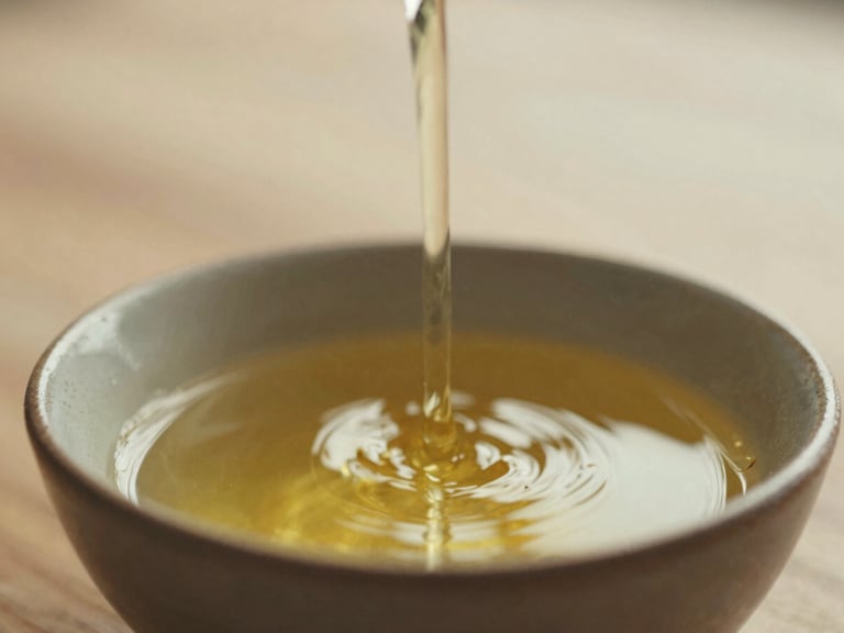 Macro shot of warm herbal oil being poured into a small ceramic bowl, soft diffused golden-hour light, earthy muted tones, shallow depth of field, 35mm film
