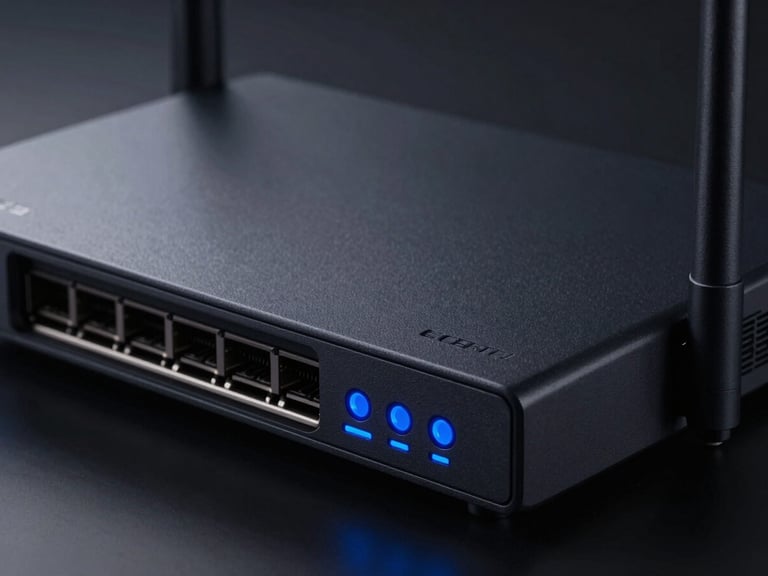 Macro details of a sleek enterprise router with cool blue status indicators, dark moody studio lighting, sharp focus