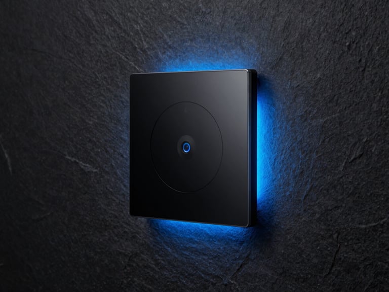 Sleek smart home control panel mounted on a dark slate wall, ambient cool blue highlight, sharp focus