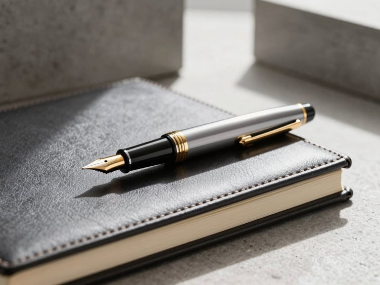 Close-up of a high-end gold-nib fountain pen resting on a structured leather-bound notebook. Clean, minimalist executive desk environment with modern concrete architectural lines in the background. High-contrast side-lighting casting sharp shadows.