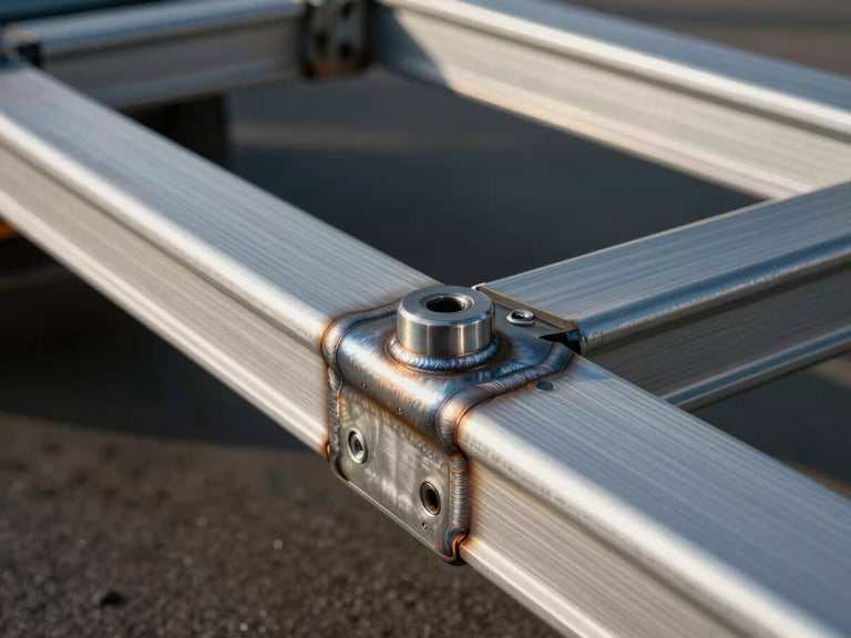 Detailed close-up shot of heavy-duty aluminum trailer frame joints, showing precise industrial welds and brushed metallic textures under dramatic natural sunlight.