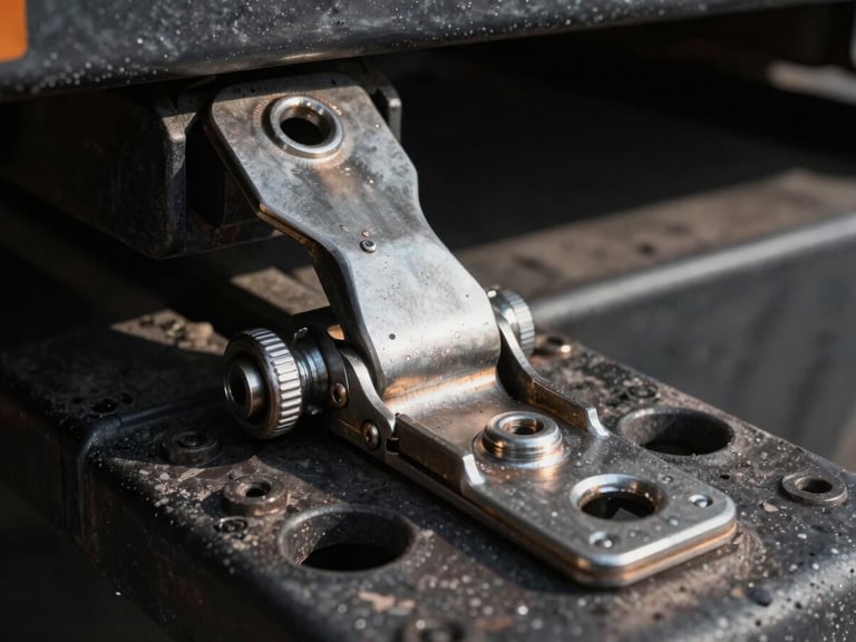Macro technical close-up of a heavy-duty trailer mechanical hinge assembly and high-strength weld joint, dramatic side lighting