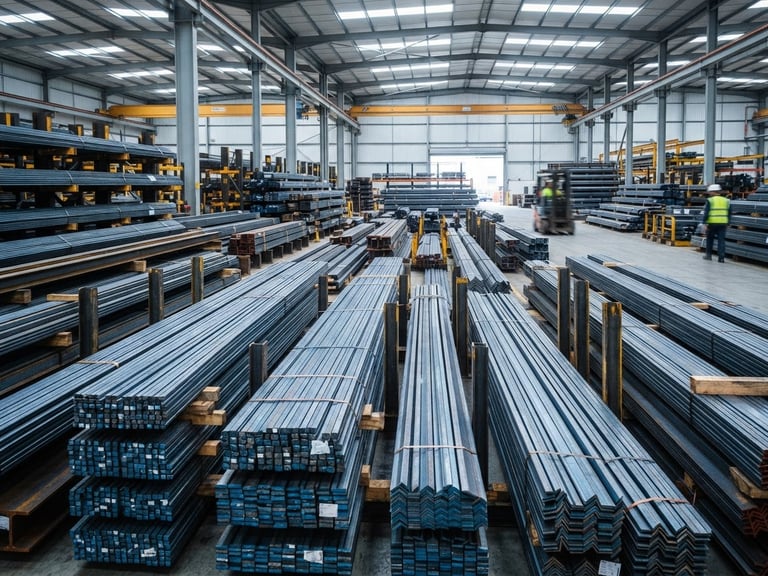 Neatly stacked structural steel bars and clean metal profiles in a bright, organized industrial warehouse yard under cool daylight, sharp focus, professional B2B trading environment