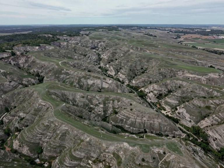 Top-down orthophoto perspective of rolling Driftless bluffs, crisp overcast daylight, muted green and earth tones, high-resolution GIS map overlay, 35mm