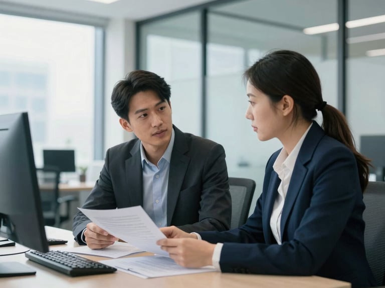 Two professionals in a modern, well-lit office discussing documents across a table, calm and collaborative, cool blue and slate tones, soft shadows.