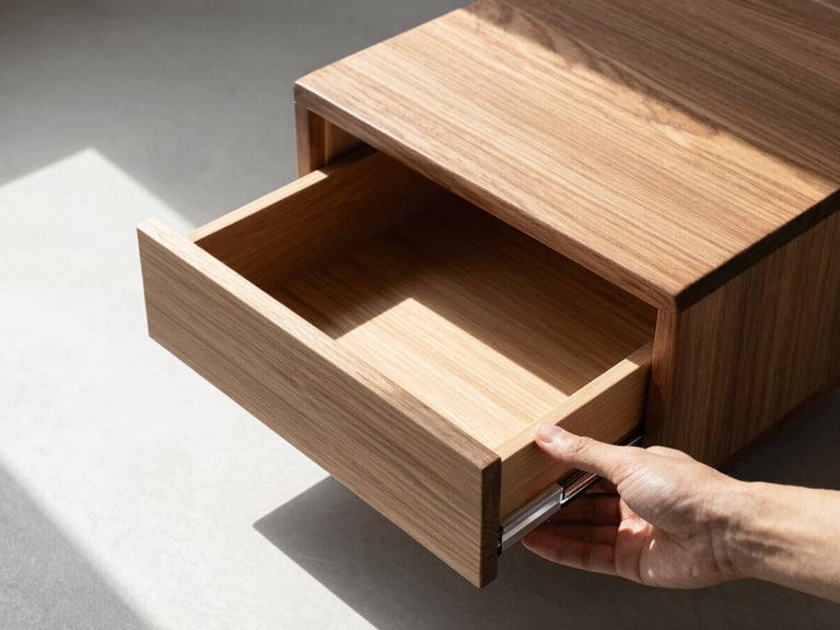 Crisp architectural close-up of a solid walnut foot stool in a sunlit corner. A hand is shown sliding open the silent hidden drawer, revealing clean interior joins. Sharp diagonal shadows.