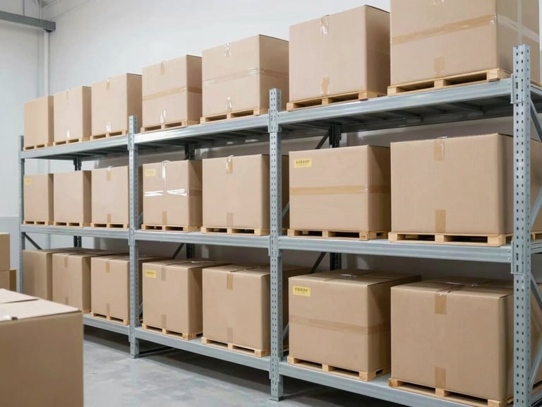 Bright industrial photography of organized warehouse shelves with packed parcels, clean even studio light, cool neutral tones, sharp focus, 35mm