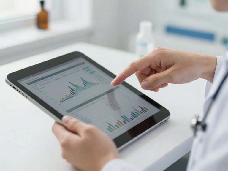 Close-up of clean medical environment, hands of a doctor interacting with a tablet displaying financial charts, bright natural daylight, soft clinical white background