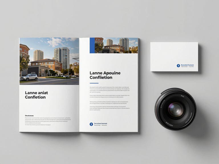 Top-down flat lay of high-fidelity physical corporate brochures and business cards on a clean neutral gray background, cool studio lighting with sharp defined shadows, edge-to-edge alignment.