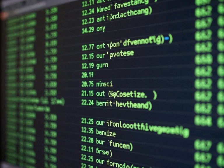 Extreme close-up of a dark terminal screen displaying green automated inventory scripts and database queries, sharp shadows, high contrast, technical layout