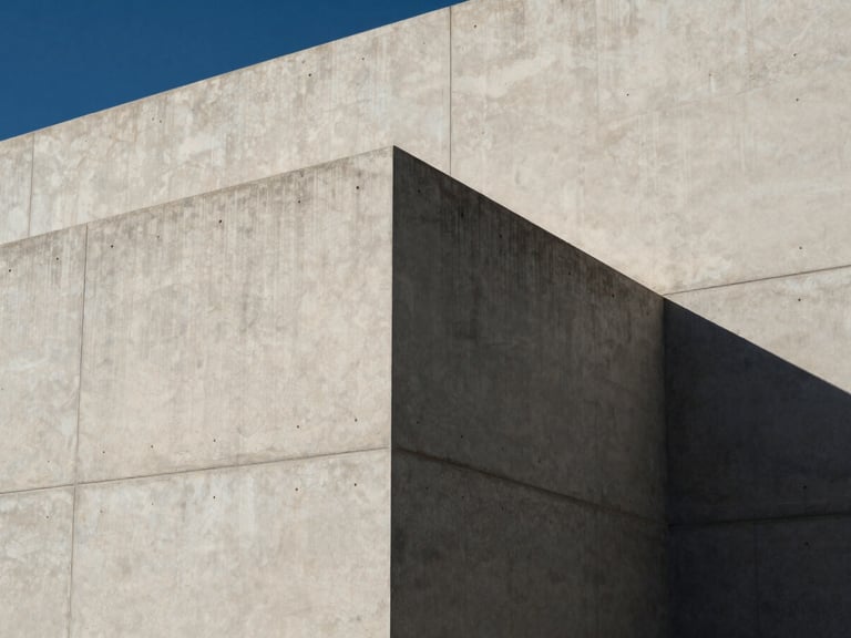 Sharp architectural details of a minimalist concrete building in Utah, direct hard sunlight, deep cast shadows, clean lines.