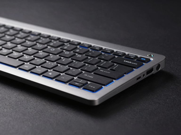 Close-up of a Dell Latitude 5400 keyboard and chassis, dark minimalist studio background, electric blue accent lighting, crisp tech details, 85mm lens