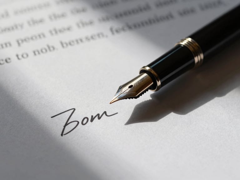 Close-up of a signed legal contract on textured paper, high-contrast side-light casting deep shadows across a fountain pen resting on the document.