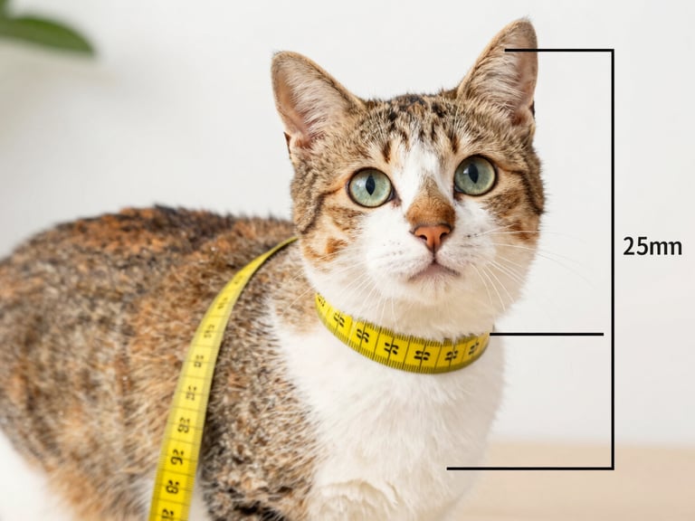 Overhead clear diagrammatic photo of a calm cat being measured with a soft yellow measuring tape around its chest, bright daylight, soft background, annotations showing neck, chest, and length lines.