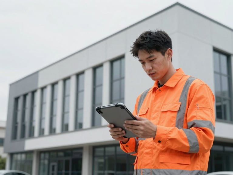 Professional technician in high-visibility gear using a rugged tablet to input data on-site, with a commercial building in the background, crisp architectural photography, bright overcast daylight, cool desaturated tones with orange accents, sharp focus, 35mm
