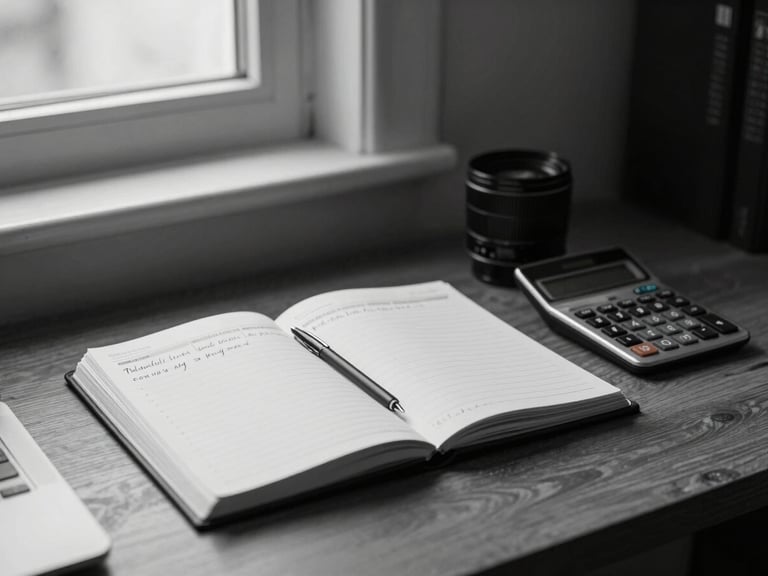 A quiet home office desk corner — an open planner with handwritten monthly projections, a calculator at the edge, soft diffuse light from a window to the left, monochromatic cool tones